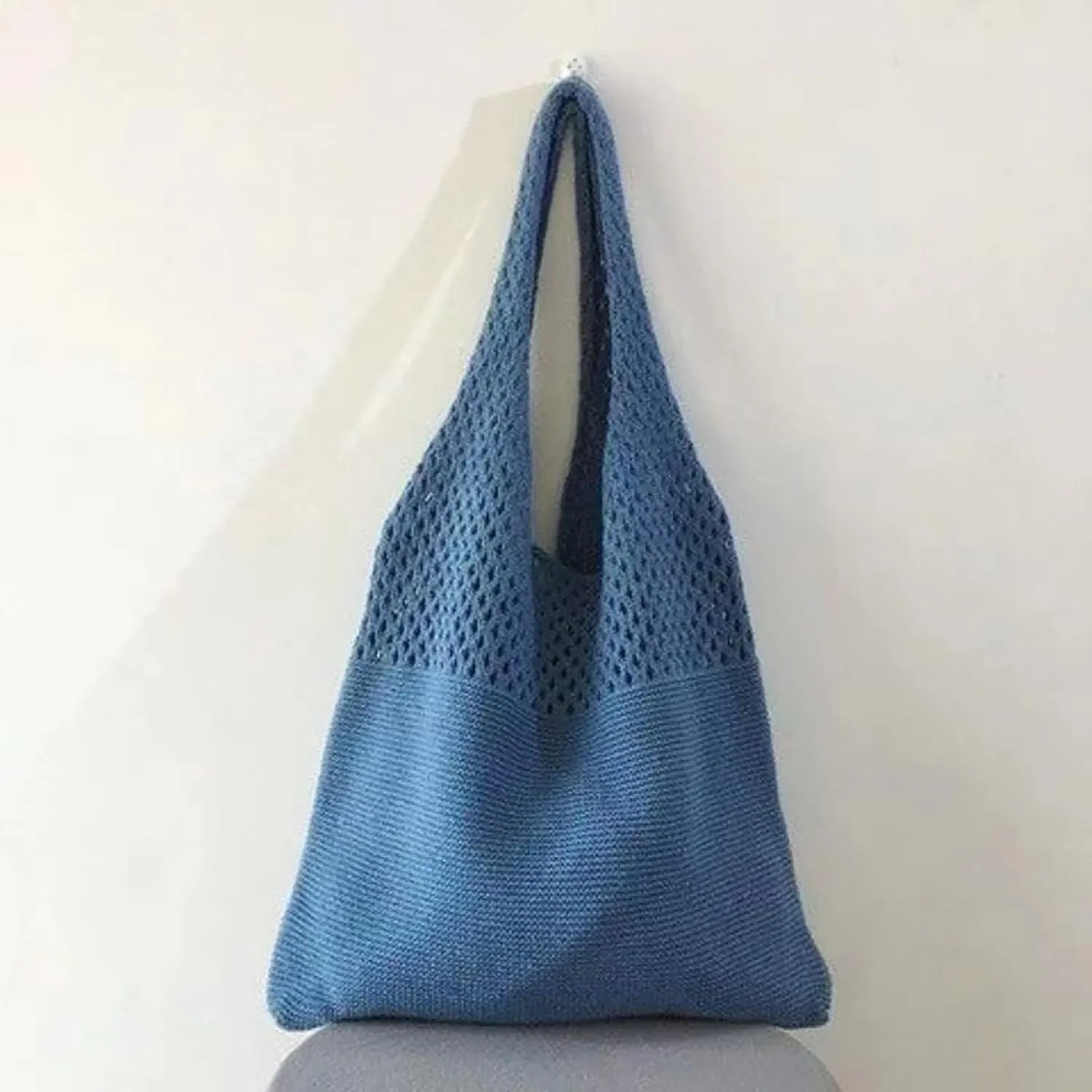 Women's Spring/Summer Portable Retro Hollow Knitted Handheld One Shoulder Vest Bag Women Shoulder Bags (Blue, One Size)