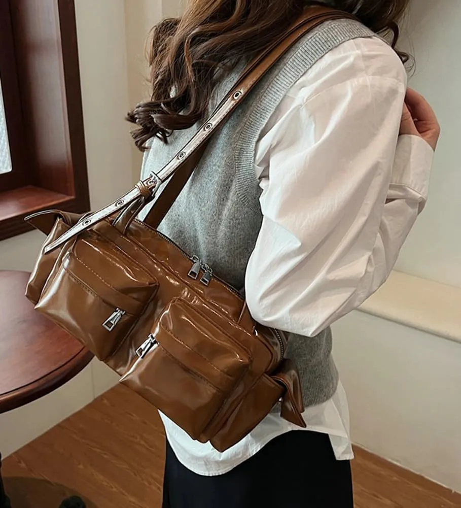 Womens Trendy Vegan Leather Shoulder Bag Large Vintage Y2k Tote Purse Handbag Multi Pocket Top Handle Satchels