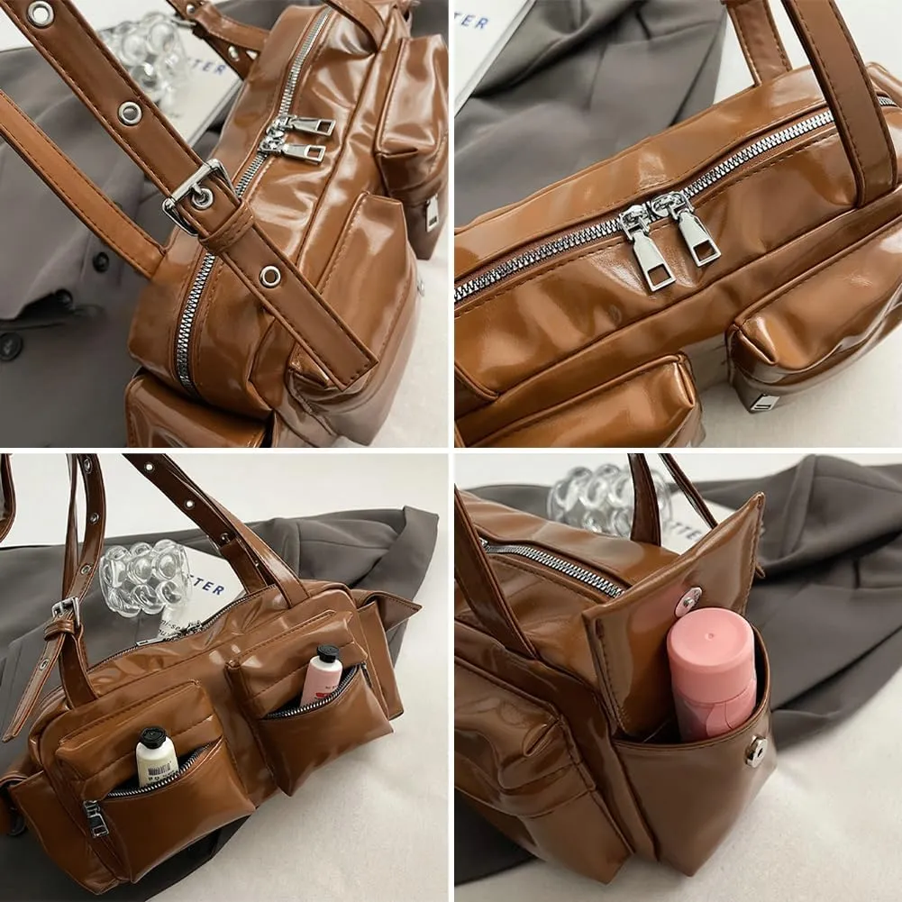 Womens Trendy Vegan Leather Shoulder Bag Large Vintage Y2k Tote Purse Handbag Multi Pocket Top Handle Satchels