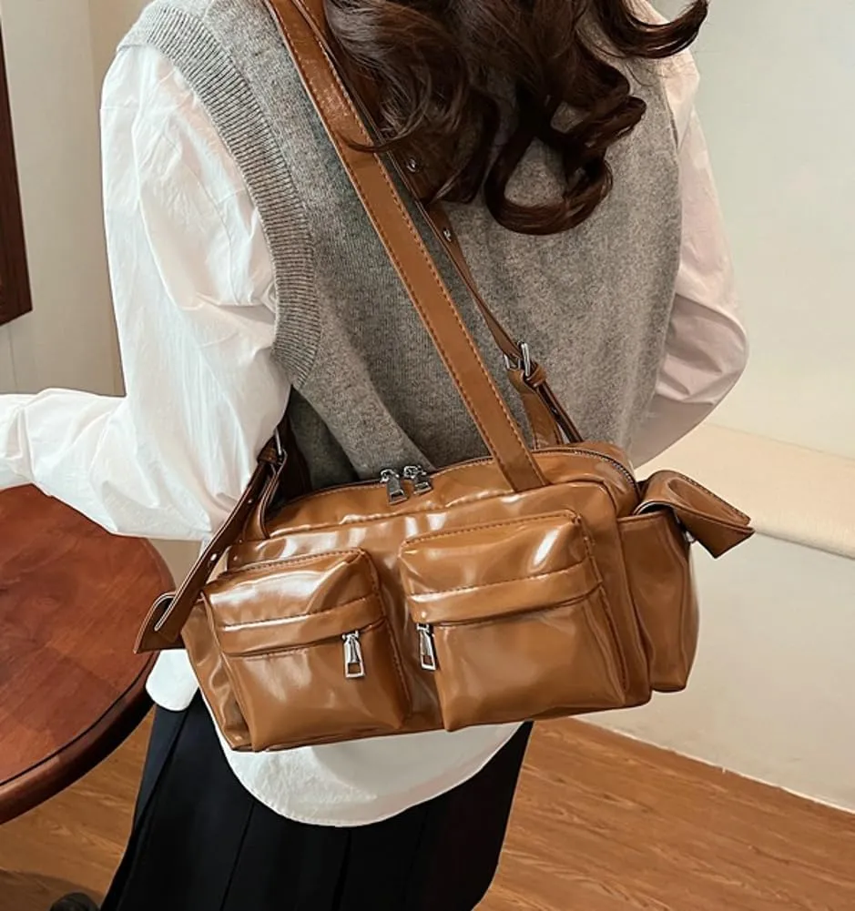 Womens Trendy Vegan Leather Shoulder Bag Large Vintage Y2k Tote Purse Handbag Multi Pocket Top Handle Satchels