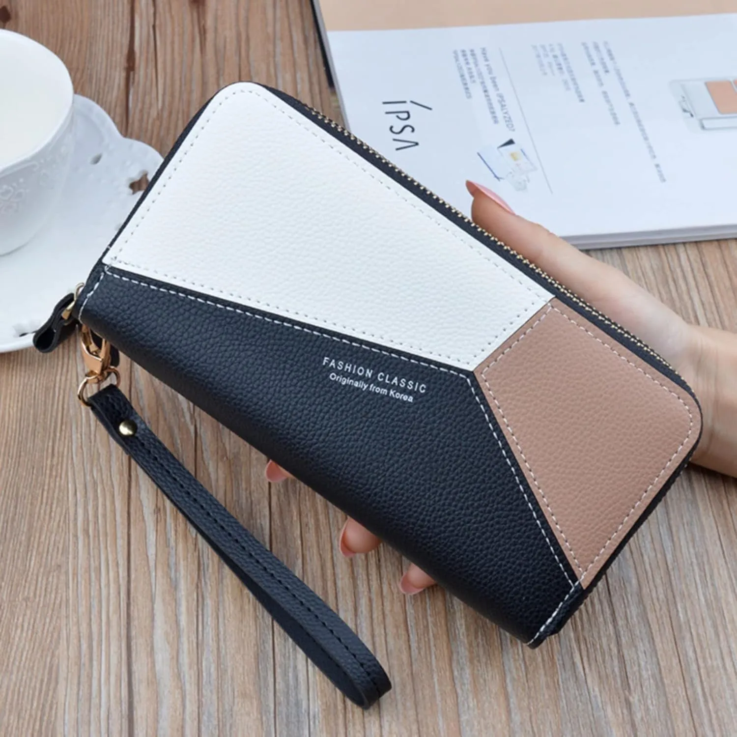 Womens Wallets PU Leather Color Block Purse Ladies Wristlet with Card Slots Zipper Fashion Coin Holder Purse