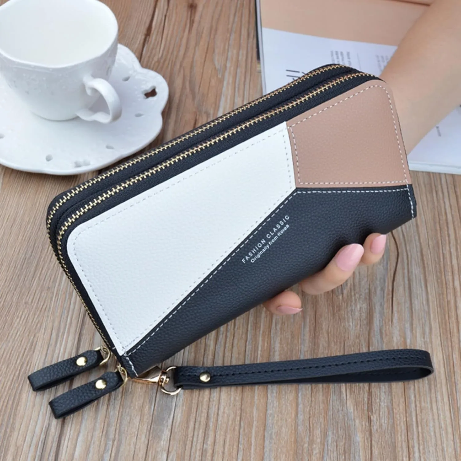 Womens Wallets PU Leather Color Block Purse Ladies Wristlet with Card Slots Zipper Fashion Coin Holder Purse