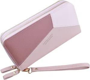Womens Wallets PU Leather Color Block Purse Ladies Wristlet with Card Slots Zipper Fashion Coin Holder Purse