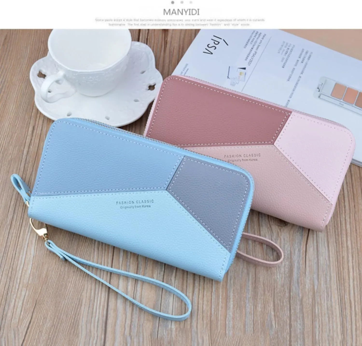 Womens Wallets PU Leather Color Block Purse Ladies Wristlet with Card Slots Zipper Fashion Coin Holder Purse