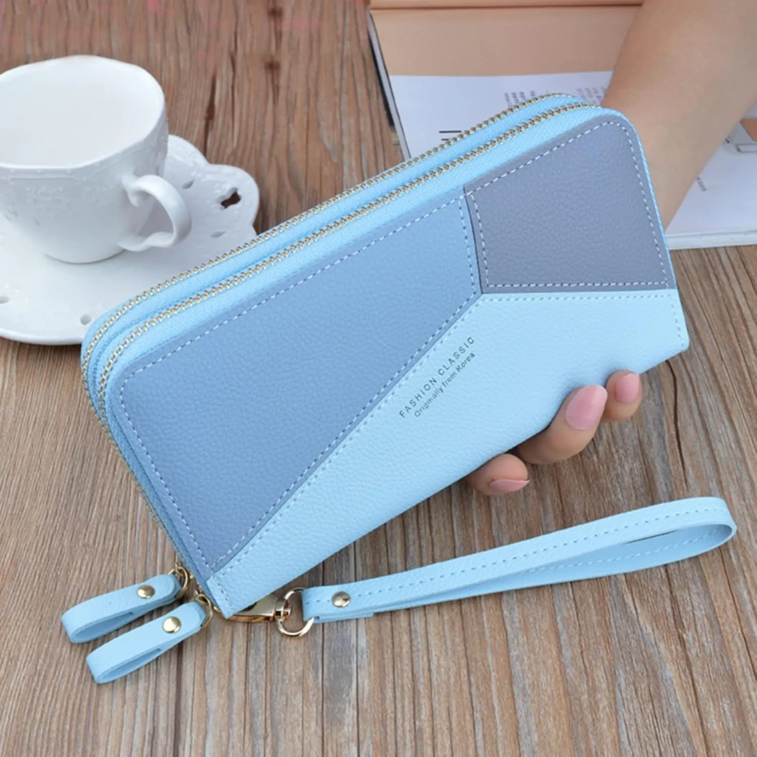 Womens Wallets PU Leather Color Block Purse Ladies Wristlet with Card Slots Zipper Fashion Coin Holder Purse