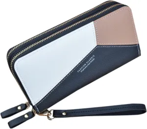 Womens Wallets PU Leather Color Block Purse Ladies Wristlet with Card Slots Zipper Fashion Coin Holder Purse