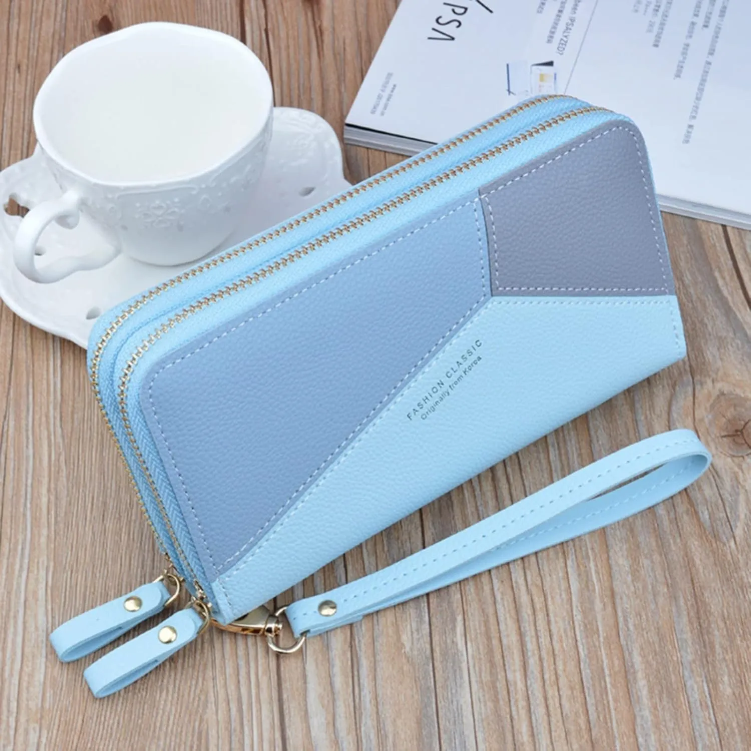 Womens Wallets PU Leather Color Block Purse Ladies Wristlet with Card Slots Zipper Fashion Coin Holder Purse