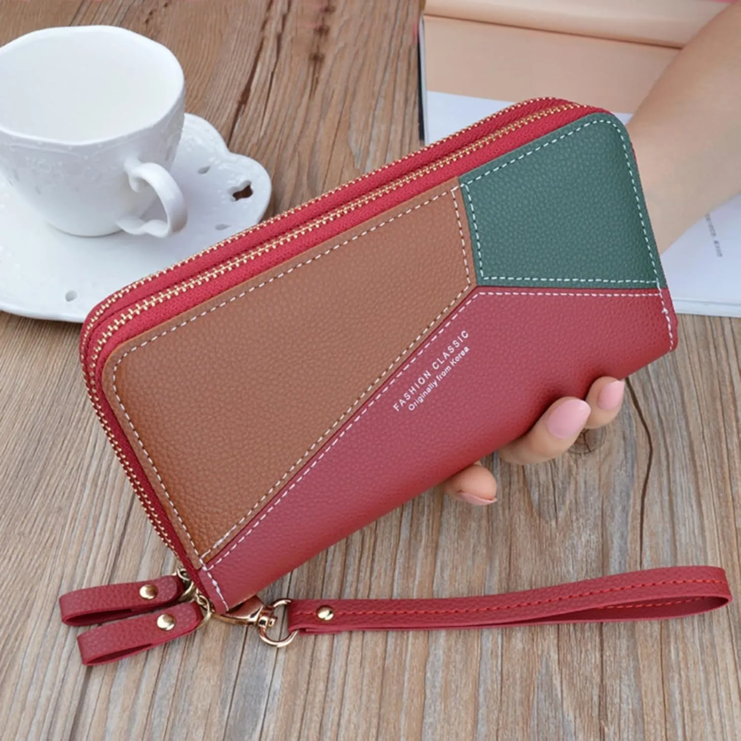 Womens Wallets PU Leather Color Block Purse Ladies Wristlet with Card Slots Zipper Fashion Coin Holder Purse