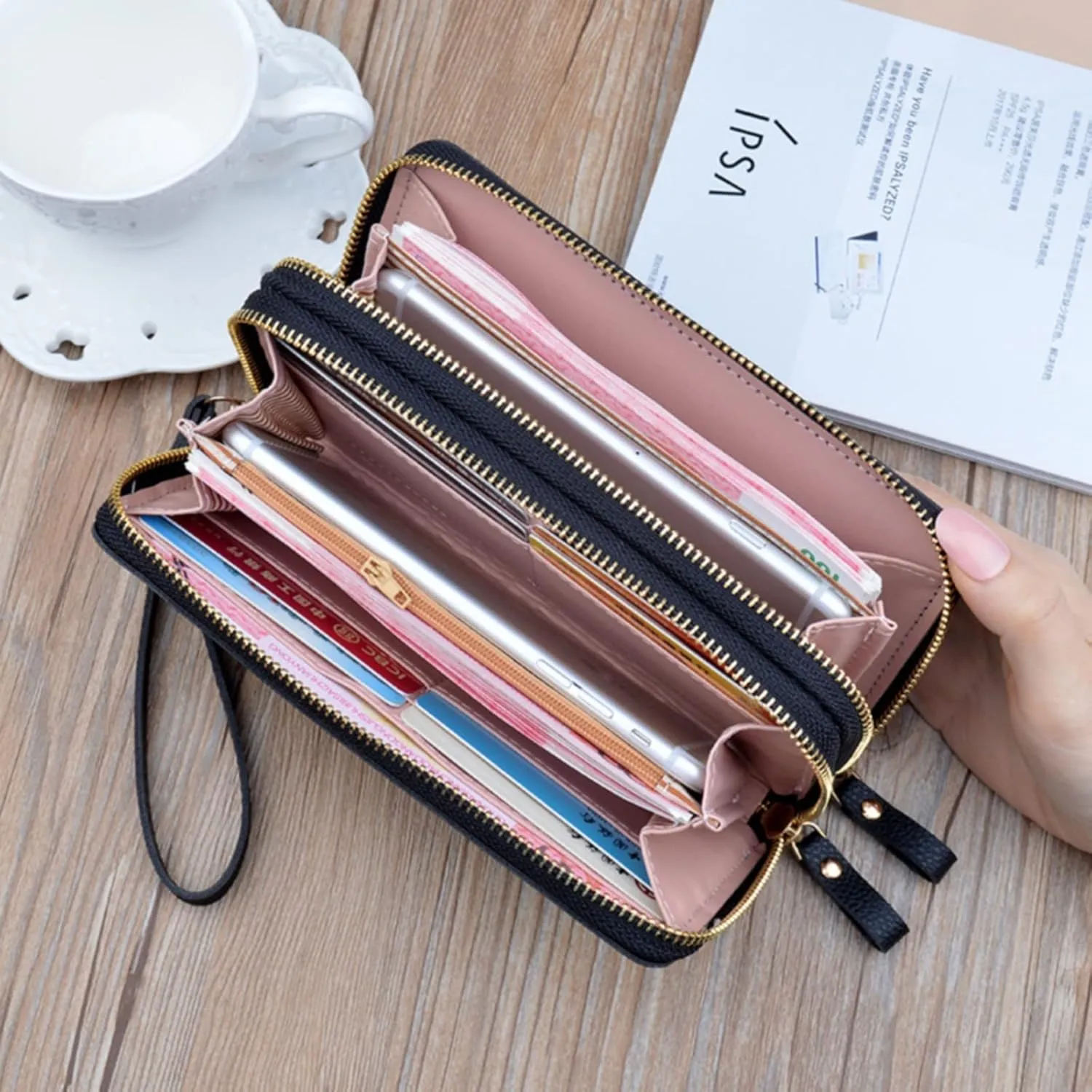 Womens Wallets PU Leather Color Block Purse Ladies Wristlet with Card Slots Zipper Fashion Coin Holder Purse
