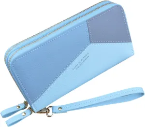 Womens Wallets PU Leather Color Block Purse Ladies Wristlet with Card Slots Zipper Fashion Coin Holder Purse