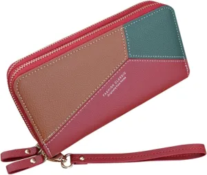 Womens Wallets PU Leather Color Block Purse Ladies Wristlet with Card Slots Zipper Fashion Coin Holder Purse
